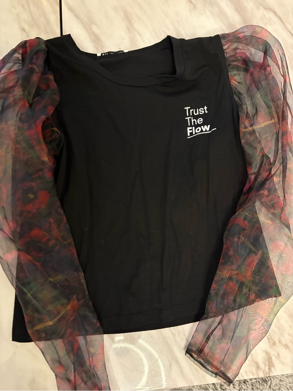 Zara Black Tee with Sheer Multicolor Puff Sleeves